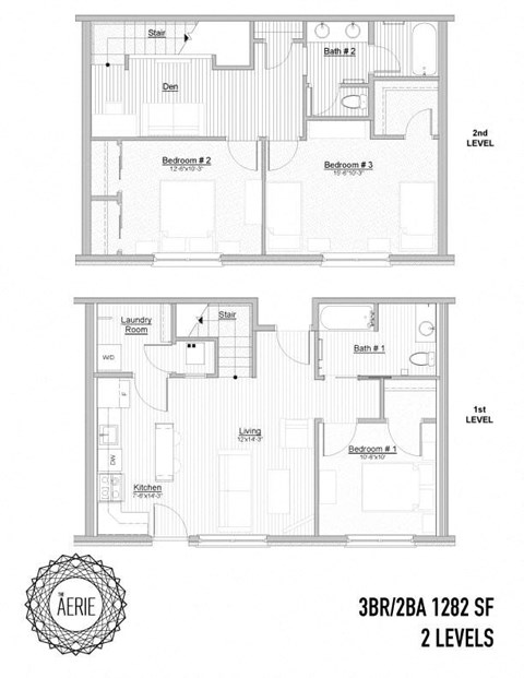 Floor plan for 3 beds, 2 baths, 1282 sqft